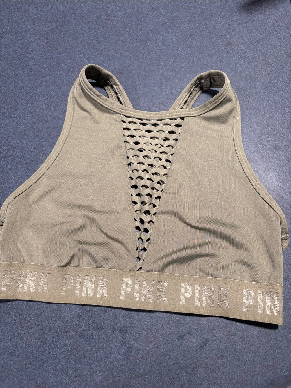 PINK Victoria's Secret Olive Green High-Neck Mesh-Front Sports Bra